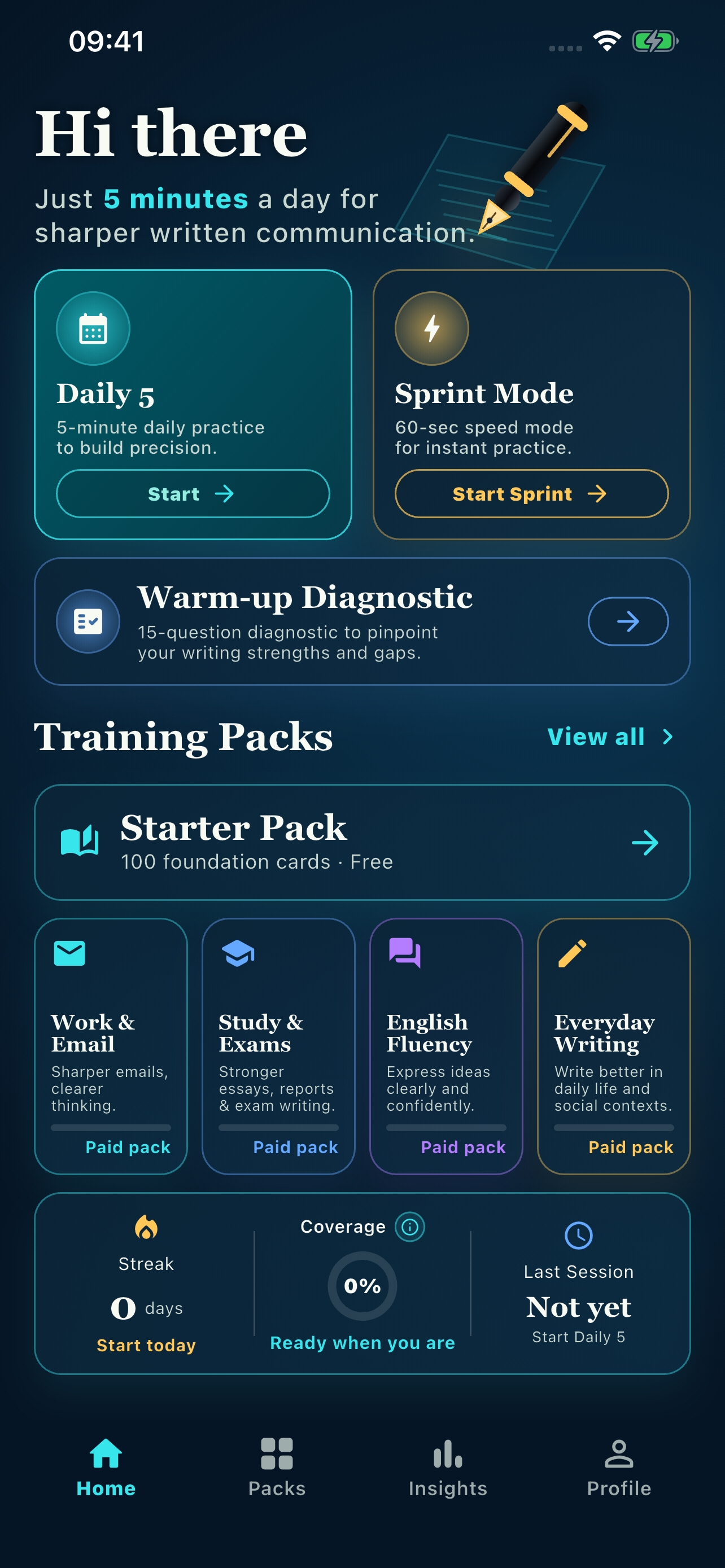 English Precision home screen with Daily 5, Sprint Mode, a free Starter Pack and four writing packs